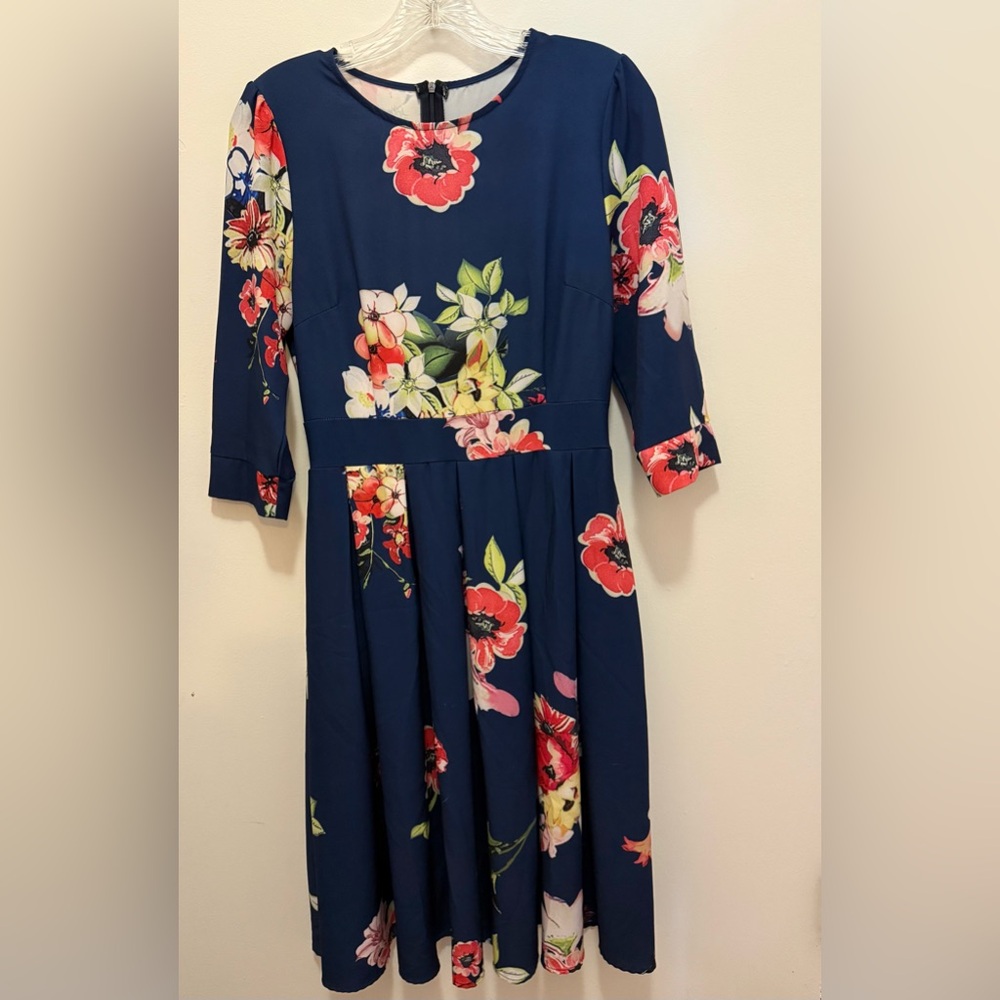 Pink and Orange A-line Dress with Cuffed 3/4 Sleeves
